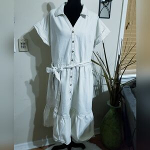 Ava & Viv White Button-Front Midi Shirt Dress with Tie Waist